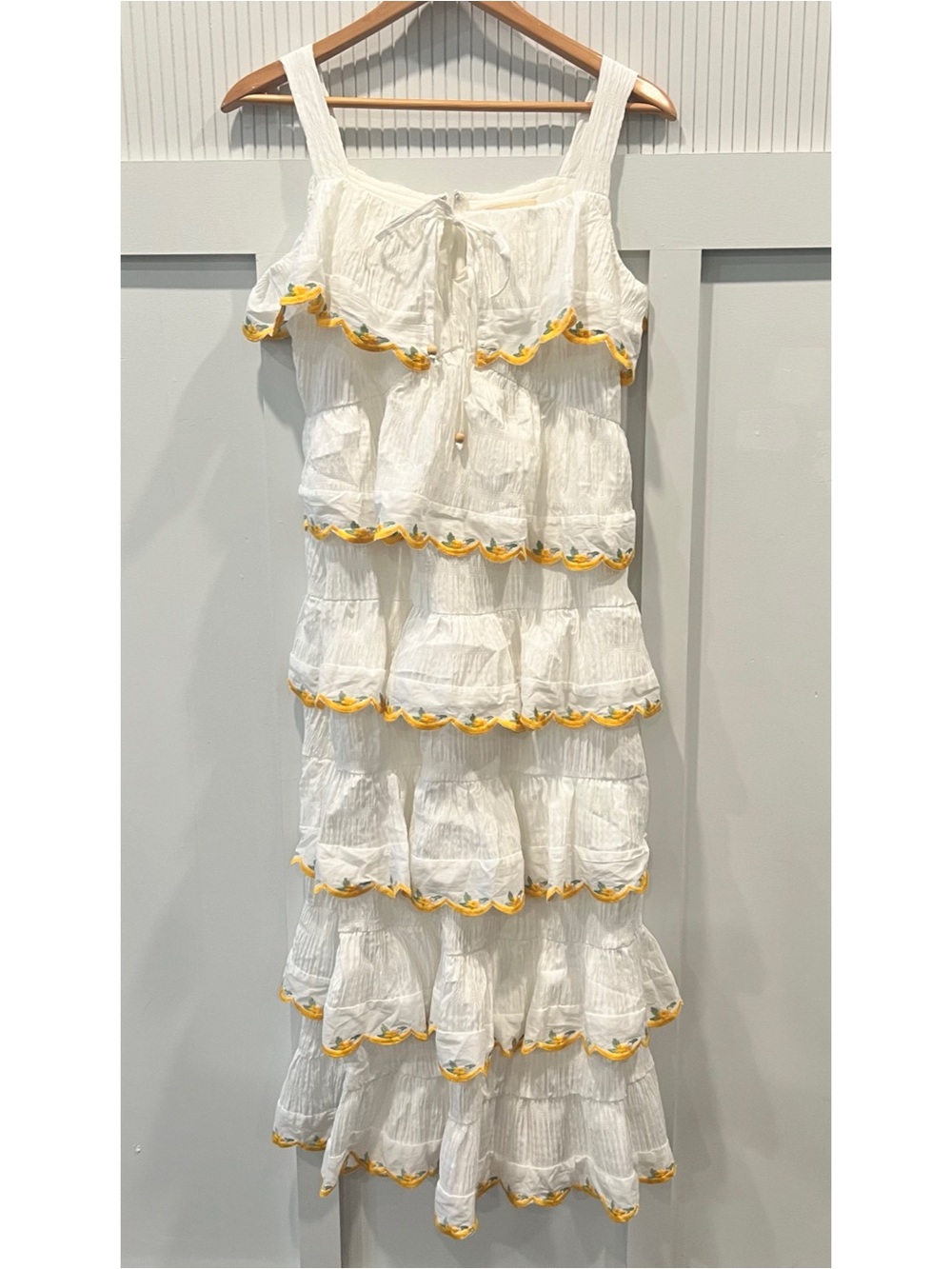 Just Me White Tiered Maxi Dress with Yellow Scalloped Trim